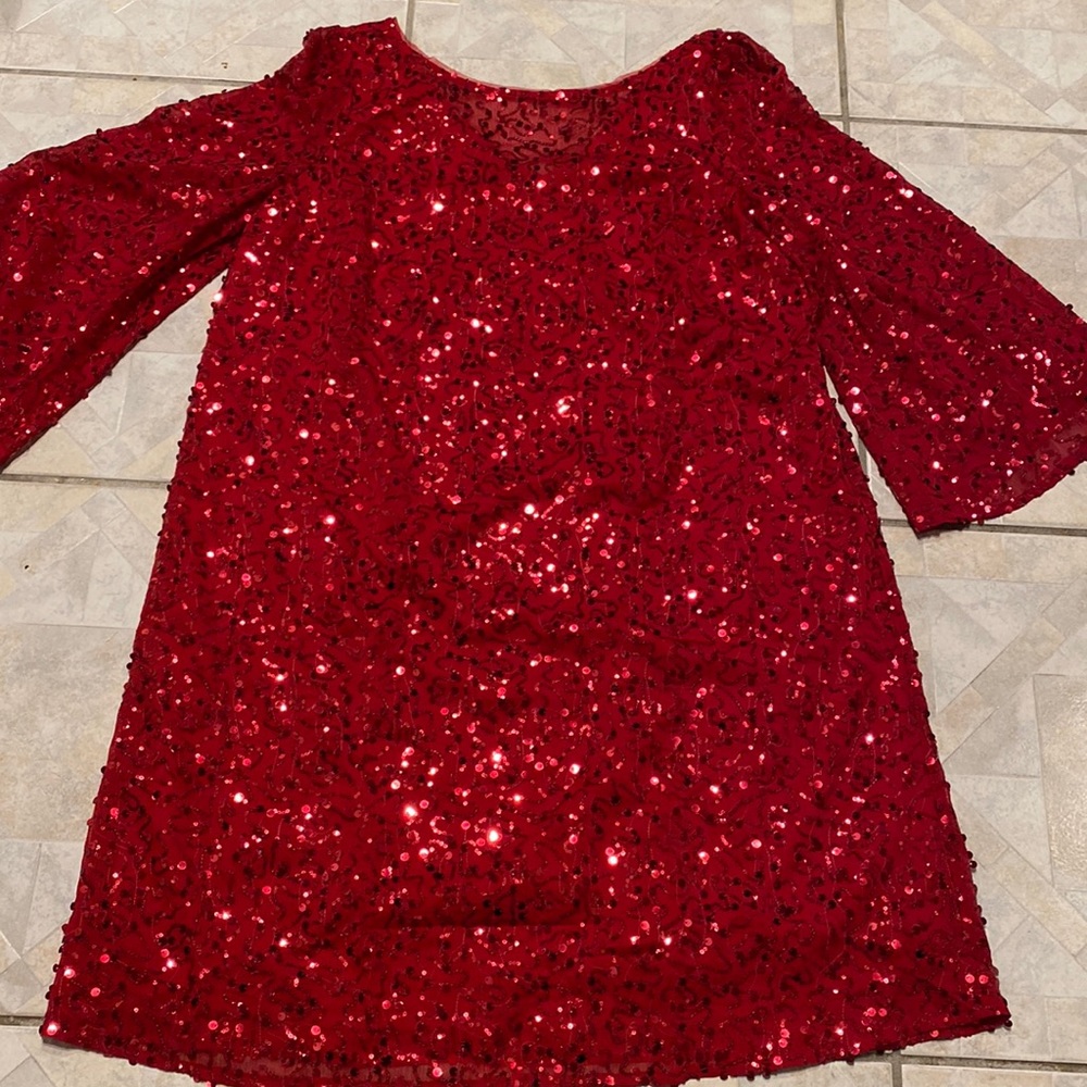 F Roamans solid red sequined lined 3/4 sleeve plus size party dress. 18W